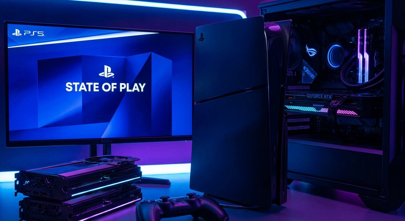 PlayStation State of Play broadcast concept with PS5 console and game reveal announcements including expected titles for April 2026 showcase