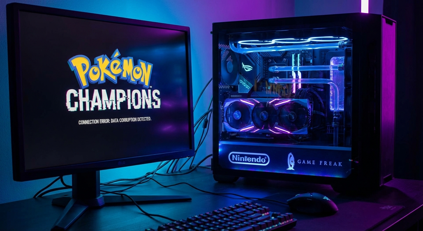 Pokemon battle arena stadium with error screen overlay representing the buggy launch of Pokemon Champions competitive battling game