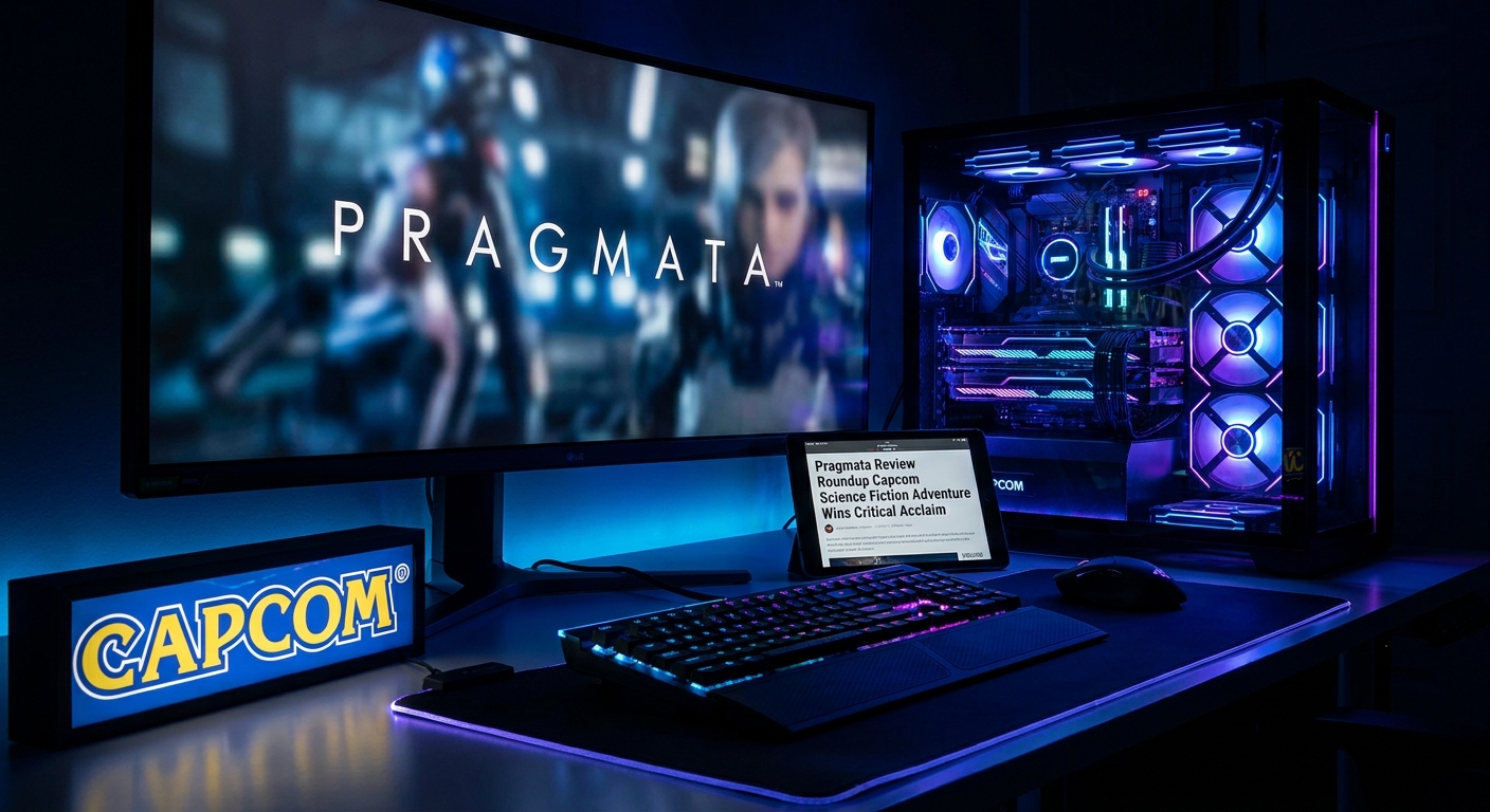 Pragmata sci-fi adventure game lunar base environment with astronaut and android protagonists rendered in Capcom's RE Engine with path-traced lighting