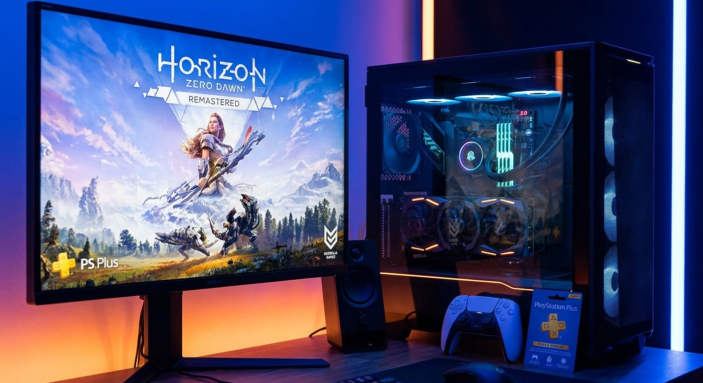 PlayStation Plus subscription service banner with game catalog grid showing Horizon Zero Dawn Remastered and other April 2026 Extra and Premium titles