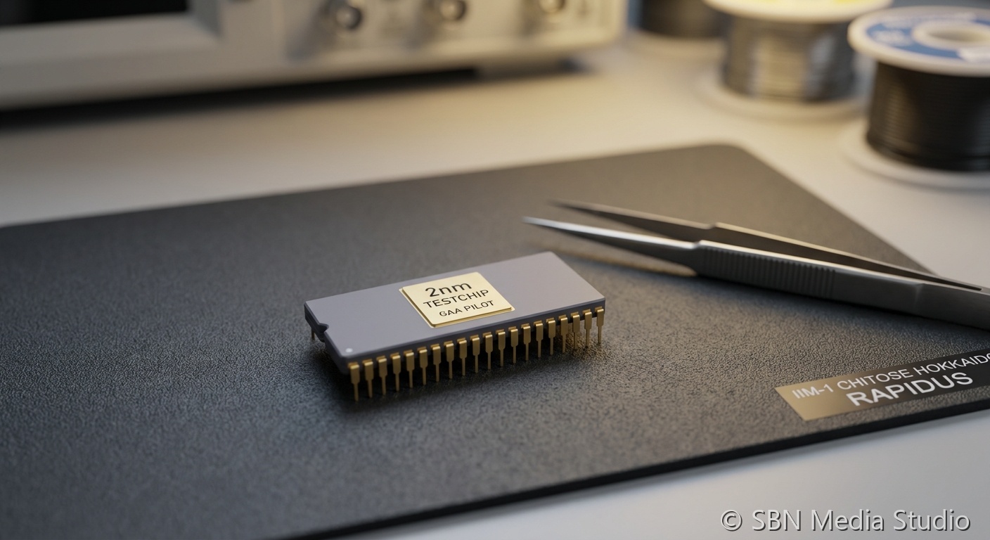 Rapidus IIM-1 Chitose Hokkaido cleanroom with 2nm gate-all-around pilot wafer and Canon lithography tool silhouette marking the May 27 2026 first-customer milestone