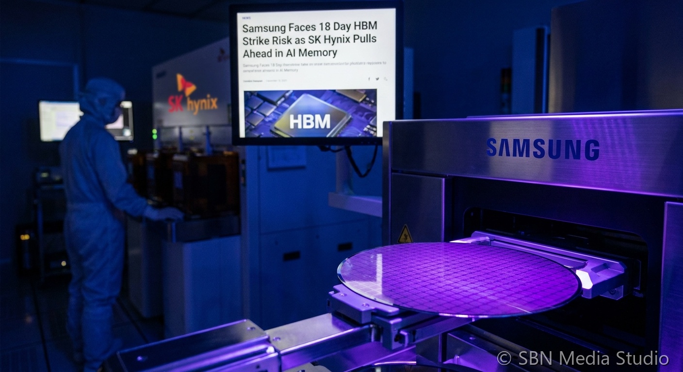 Samsung Electronics campus with HBM memory wafers and labor strike picket signs symbolizing the 18-day general strike risk versus SK Hynix in the AI memory race