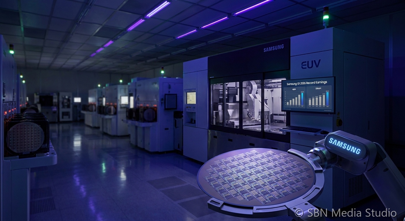 Samsung Electronics quarterly earnings report with HBM and DRAM memory chip stacks and rising profit chart symbolizing the 8x operating profit surge from AI memory demand in Q1 2026