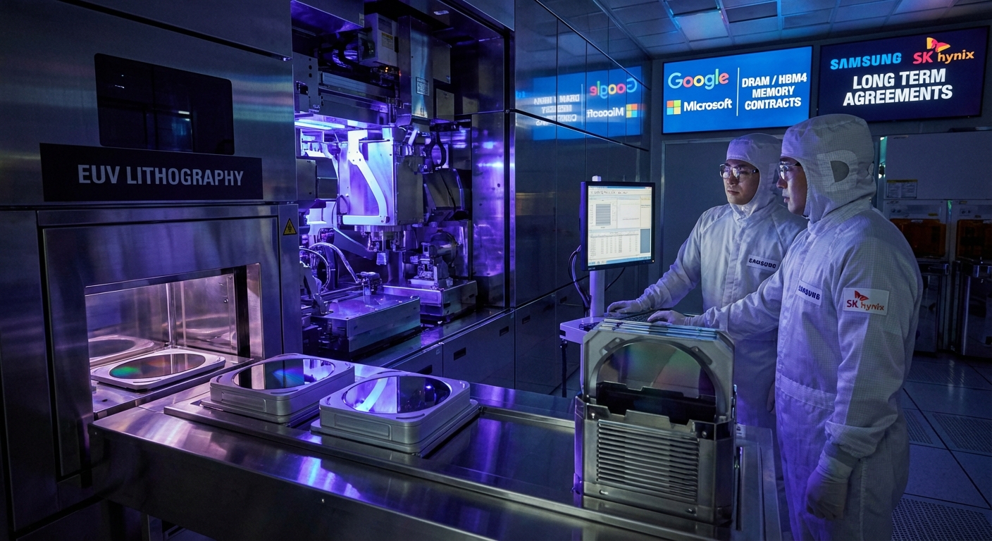 Samsung and SK Hynix HBM4 memory modules alongside Google and Microsoft logos representing the new 3-5 year long-term supply agreements