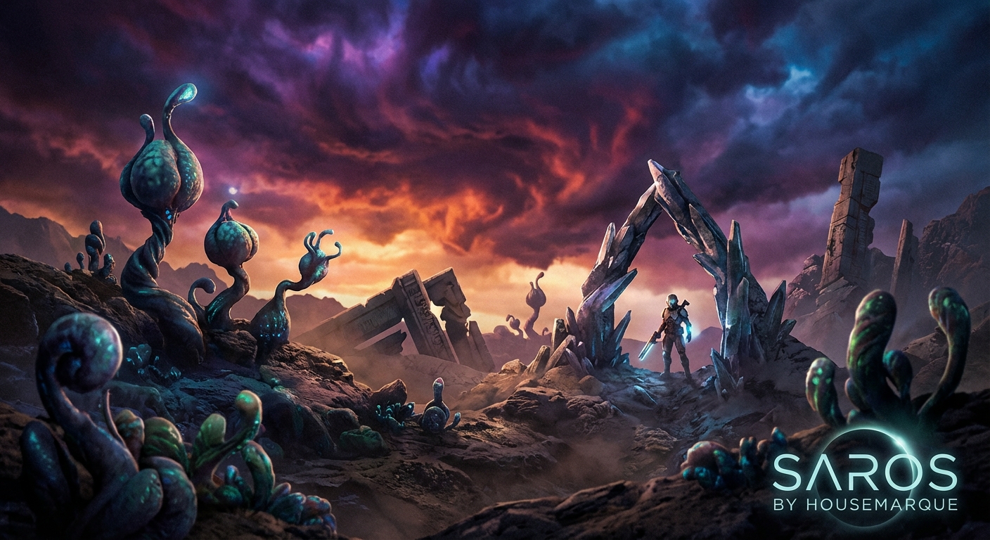 Alien planet landscape with dramatic sky representing Saros