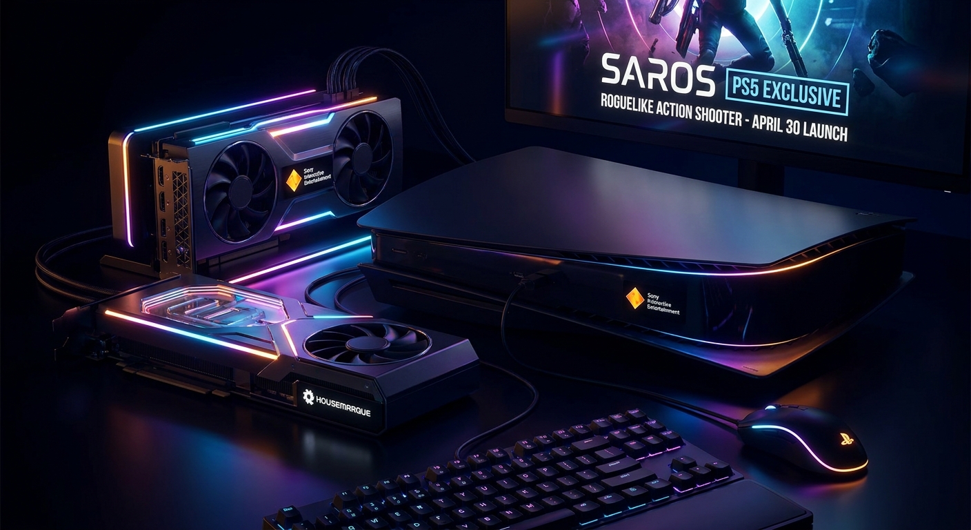 Futuristic alien planet surface with third-person shooter protagonist in dynamic combat surrounded by bullet-hell projectile patterns representing a PS5-exclusive roguelike action game