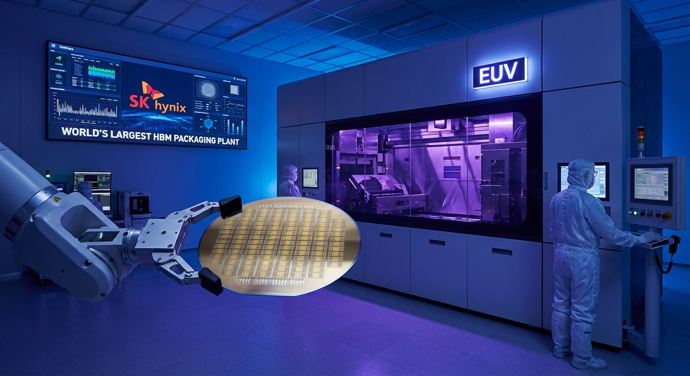 SK Hynix advanced HBM memory packaging facility in Cheongju South Korea showing 2.5D packaging lines and through-silicon via stacking equipment
