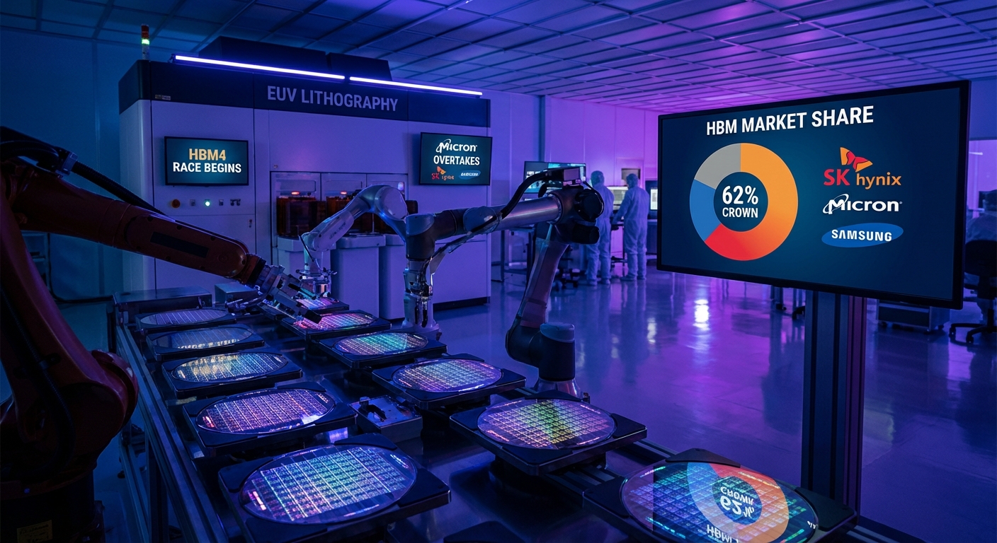 SK Hynix HBM4 memory module alongside Samsung and Micron chip wafers with market share percentage charts representing the shifting competitive landscape