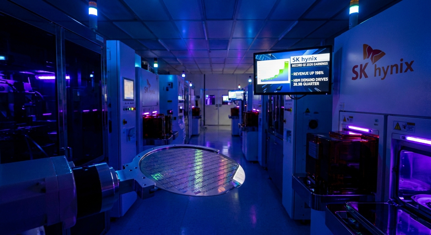 SK Hynix headquarters with HBM memory chip stack and record earnings chart showing 198 percent year-over-year revenue growth in Q1 2026