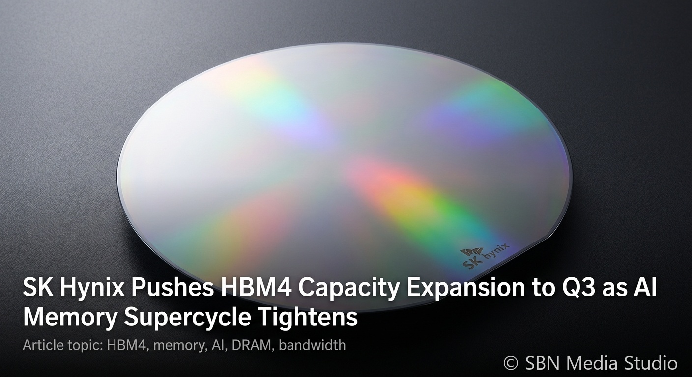 SK Hynix HBM4 12-Hi memory stack on a TSMC 12nm logic base die with M15X Cheongju fab silhouette and AI memory bandwidth chart marking the Q3 2026 capacity expansion