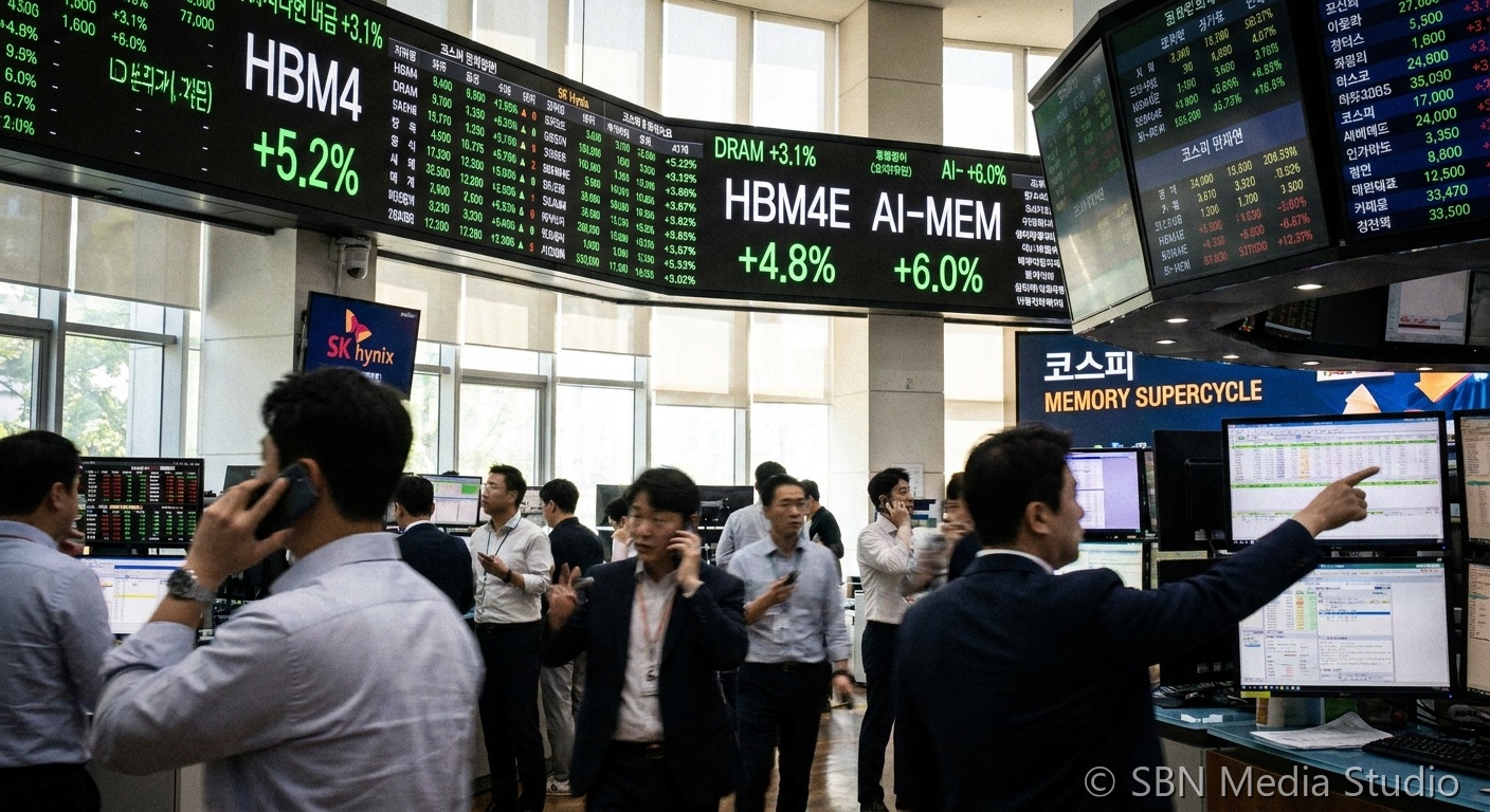 SK Hynix HBM4 stacks on a TSMC base die with a 1.68 million won share-price chart and Microsoft Google Amazon hyperscaler silhouettes marking the May 27 2026 memory-market rally