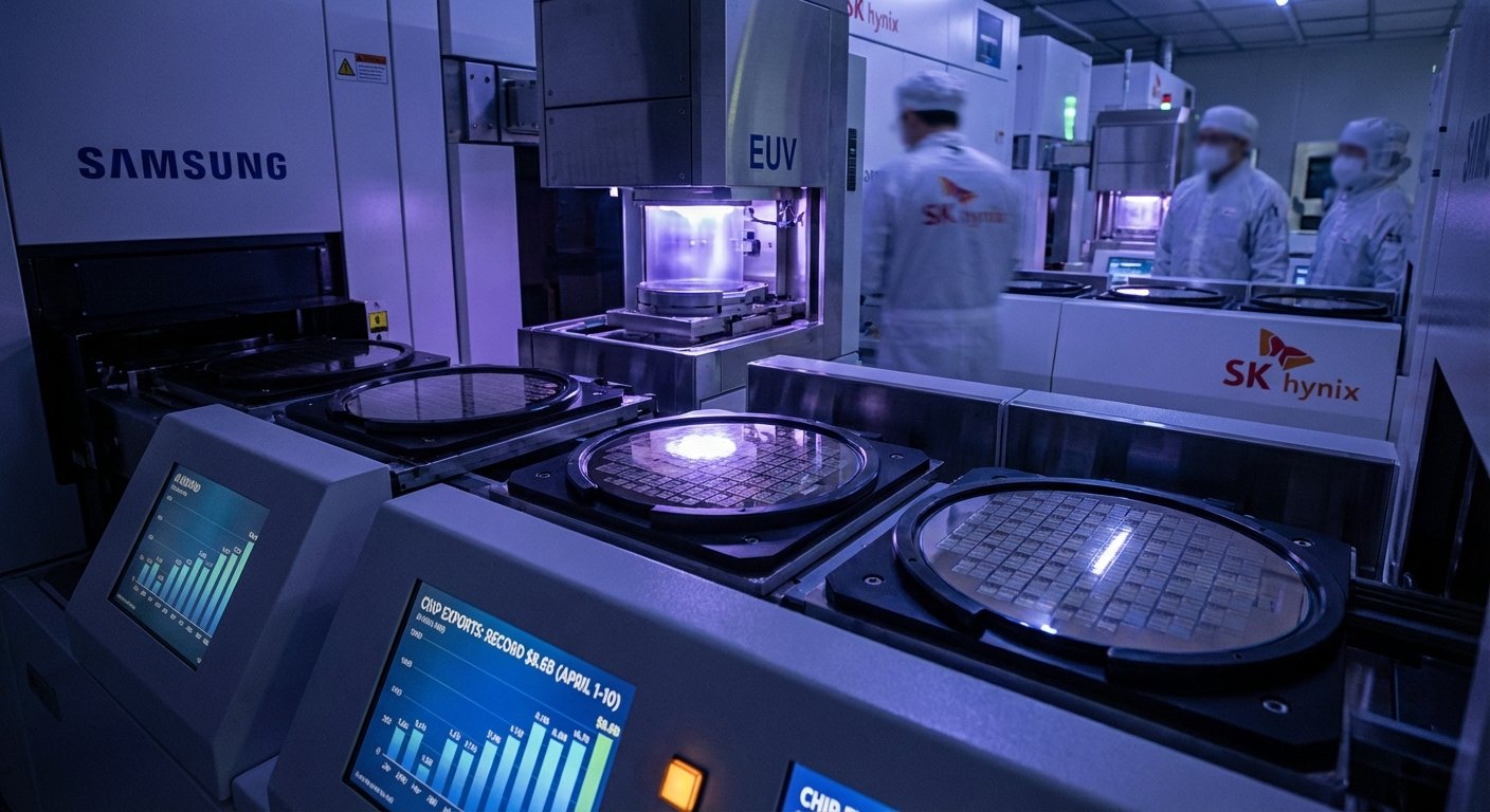 South Korean semiconductor export containers and microchip wafers with data charts representing record chip shipment numbers for April 2026