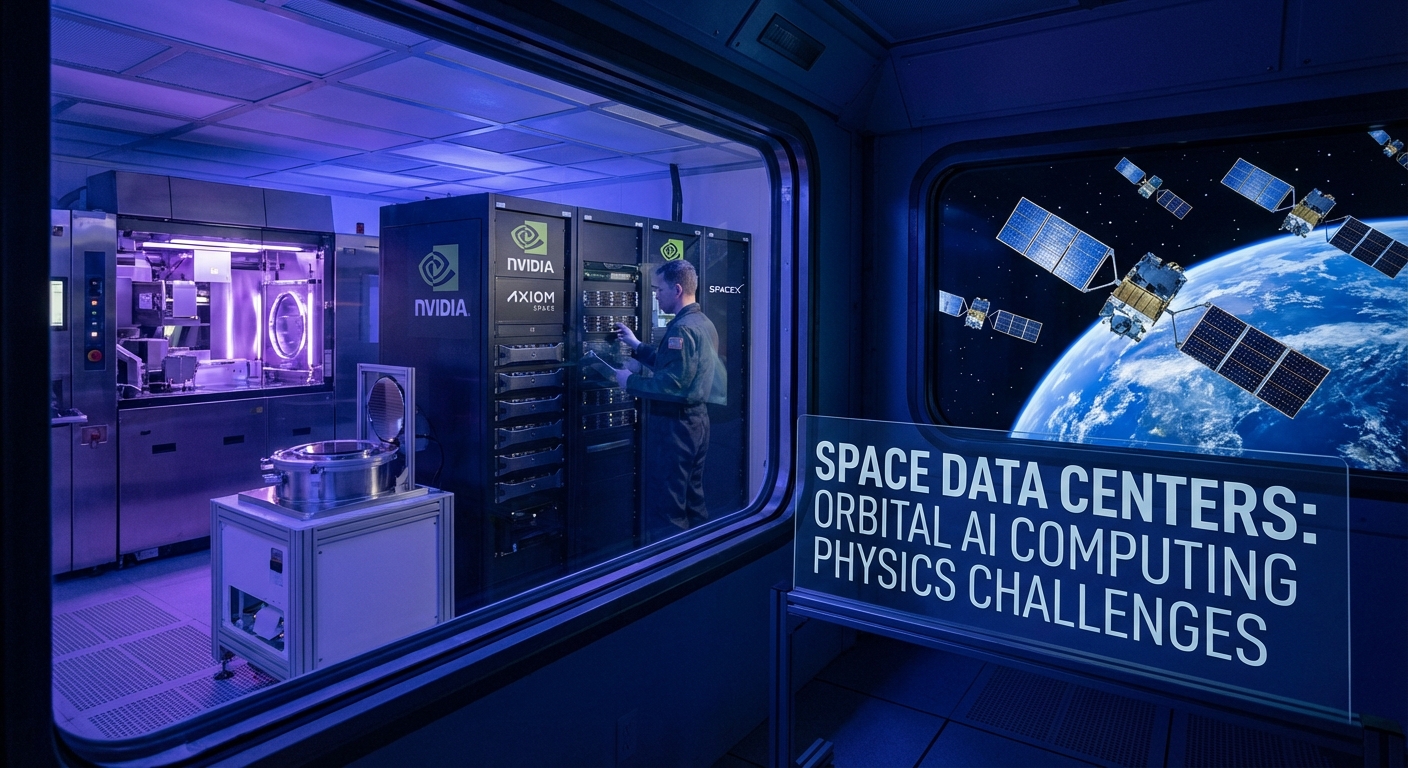 Orbital data center satellite constellation with massive solar arrays and AI compute modules in low Earth orbit above Earth