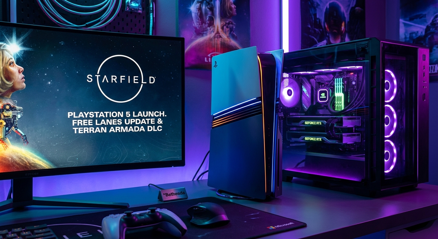 Space explorer in futuristic spacesuit floating near a ringed planet with a Bethesda sci-fi RPG open world environment