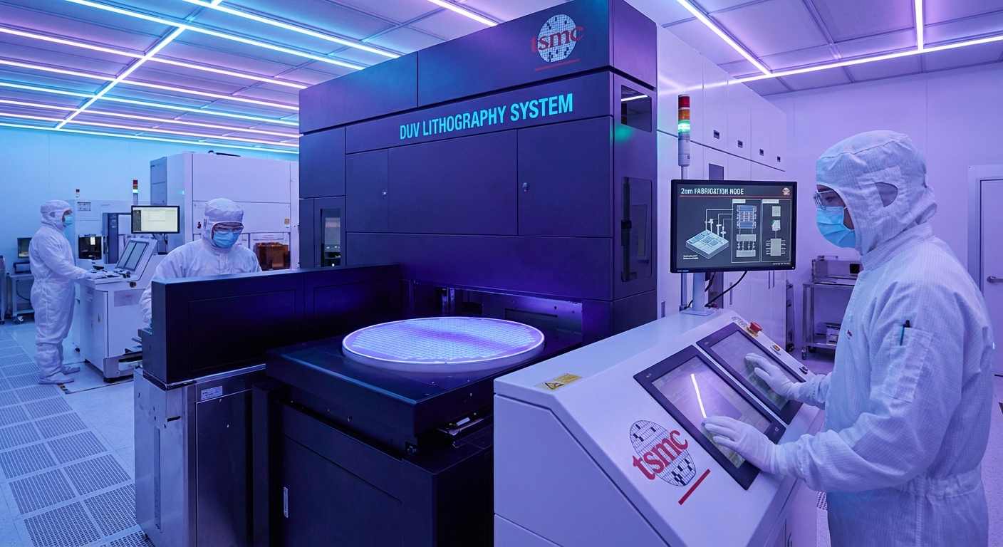 Photorealistic semiconductor wafer under EUV lithography equipment with blue-purple lighting, representing TSMC 2nm chip fabrication