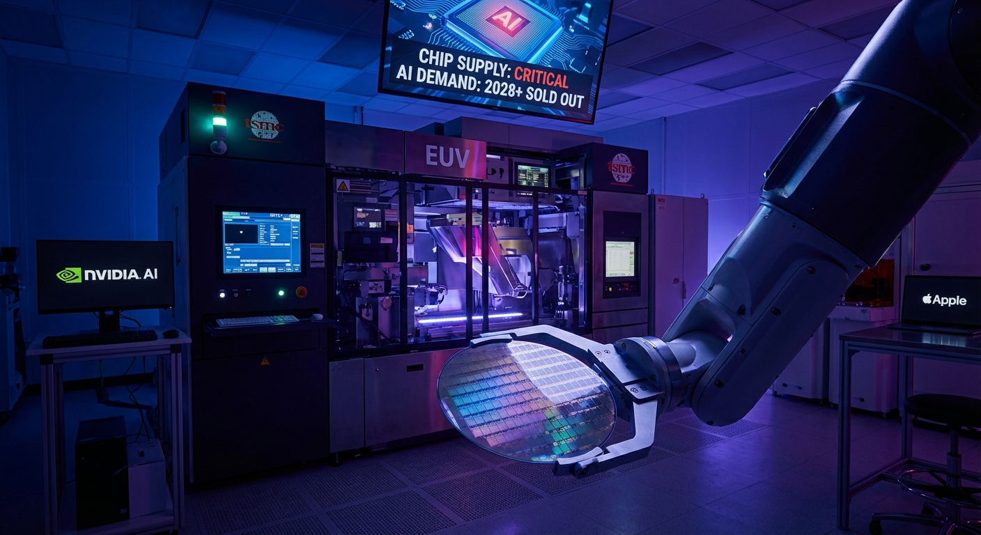 TSMC semiconductor fabrication facility with sold-out booking calendar graphic representing advanced node capacity constraints through 2028