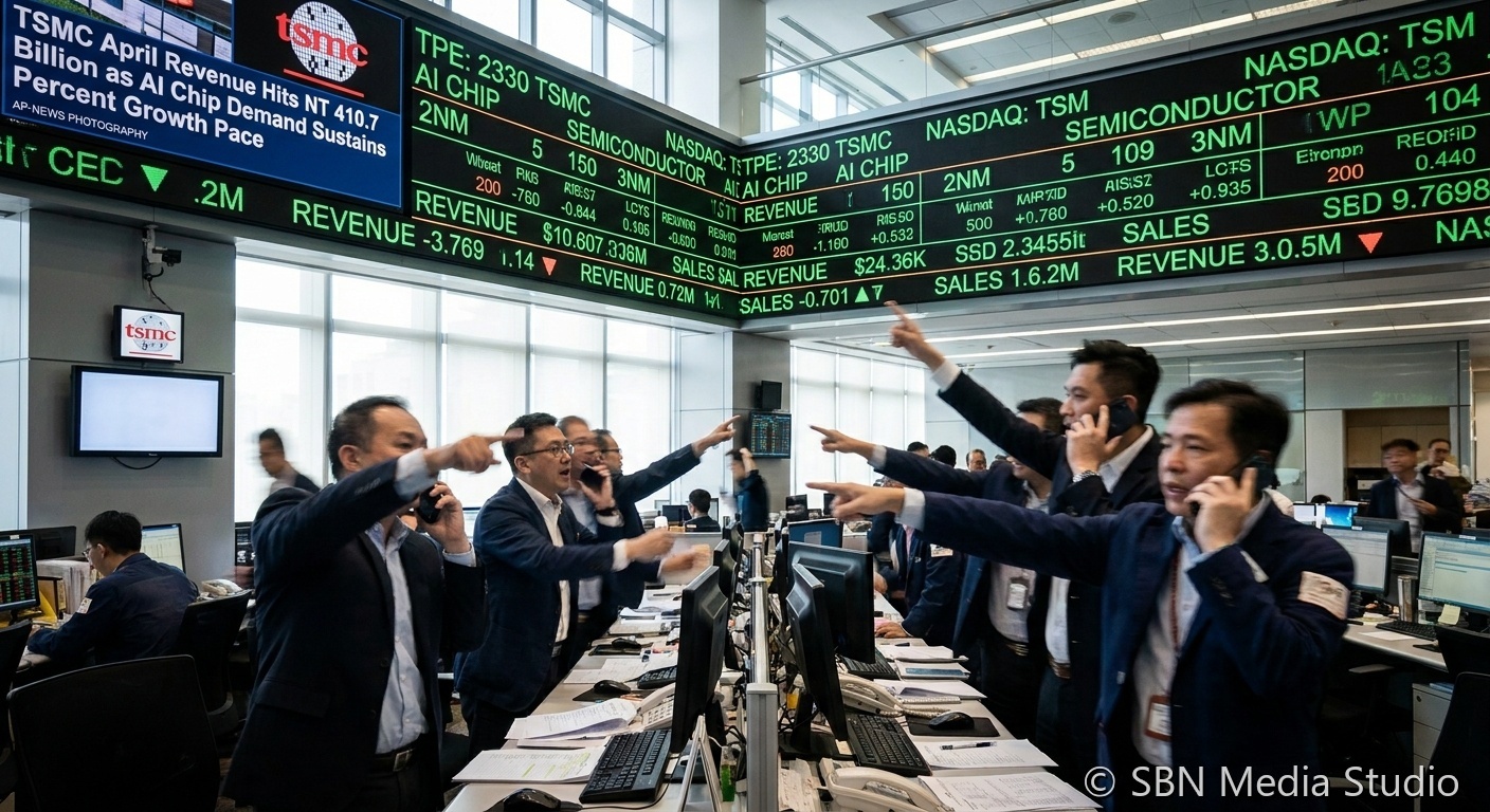 TSMC fab exterior in Taiwan with an April 2026 monthly revenue chart and Vera Rubin AI accelerator wafer marking the year-over-year 17.5 percent revenue increase