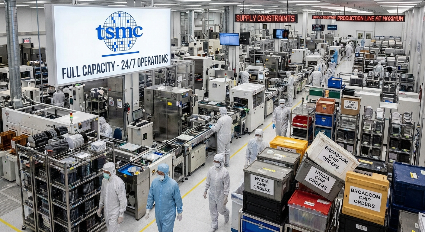 Supply chain visualization representing TSMC capacity constraints and chip shortage dynamics