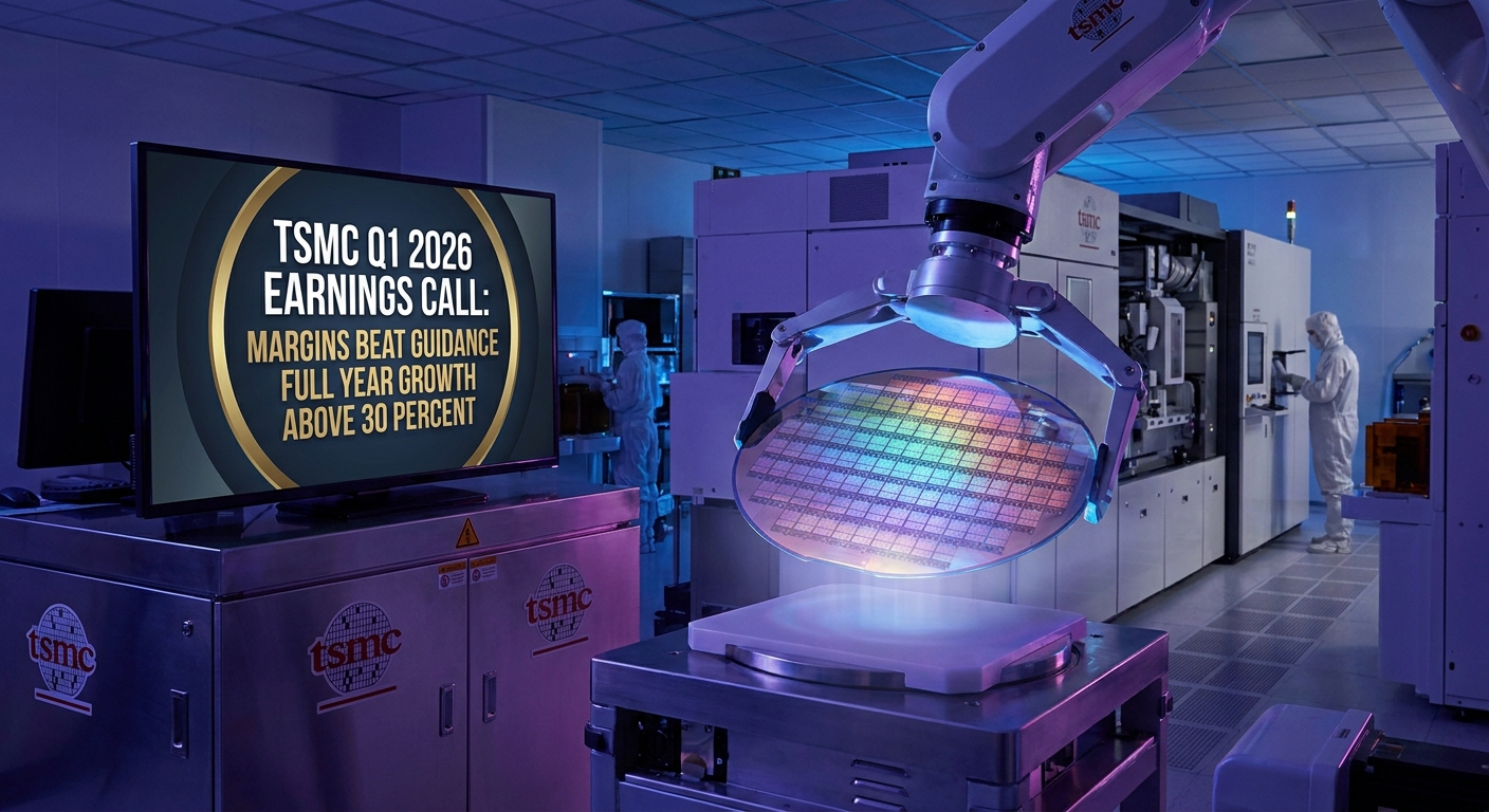 TSMC earnings call data visualization showing gross margin of 66.2 percent and operating margin of 58.1 percent beating guidance ranges for Q1 2026