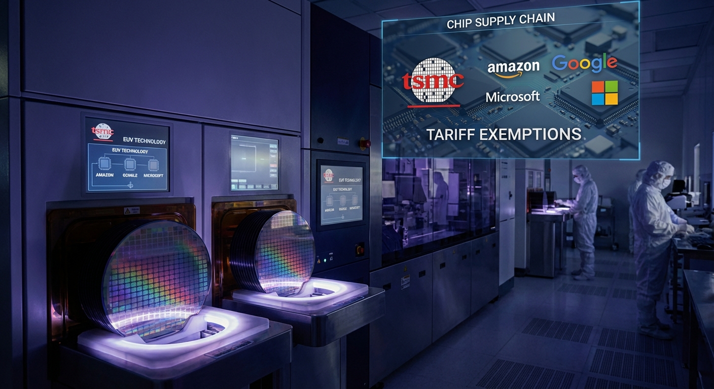 US Capitol building with semiconductor chip and cloud provider logos symbolizing tariff exemption negotiations for Amazon Google and Microsoft