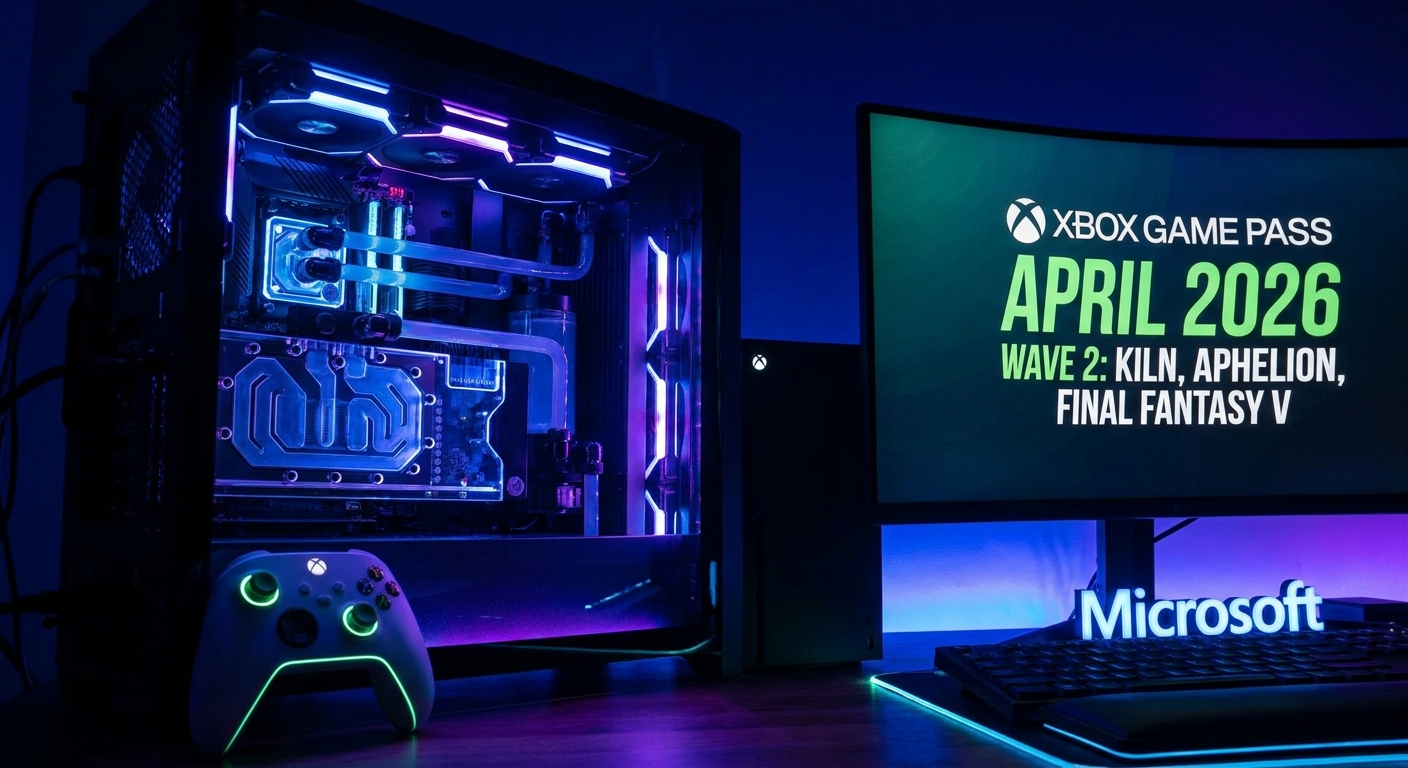 Xbox Game Pass logo with game covers for Kiln, Aphelion, and Final Fantasy V Pixel Remaster representing the April 2026 Wave 2 additions to the subscription service