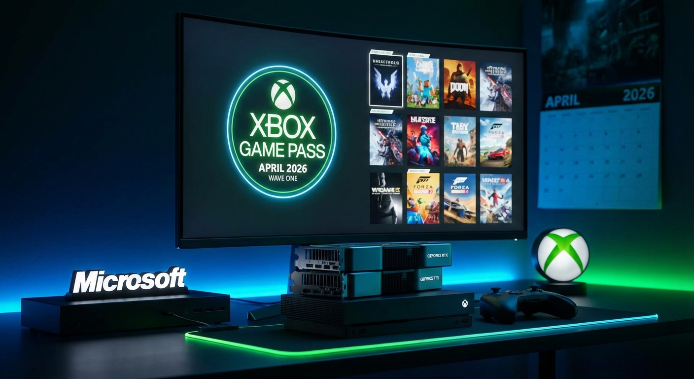 Gaming subscription library interface with a grid of game tiles on a large screen with Xbox controller in foreground