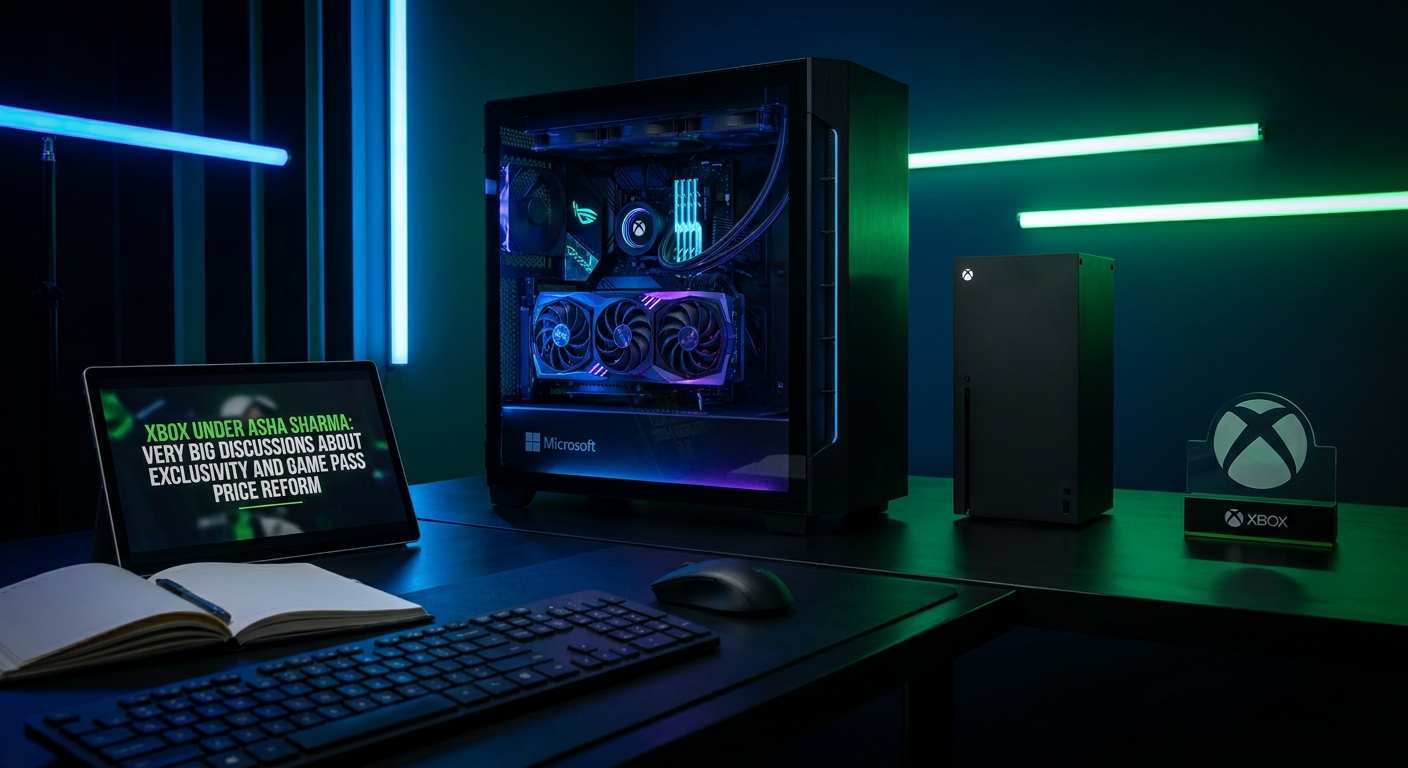 Xbox gaming console hardware with corporate strategy diagram overlay showing exclusivity and subscription pricing discussion